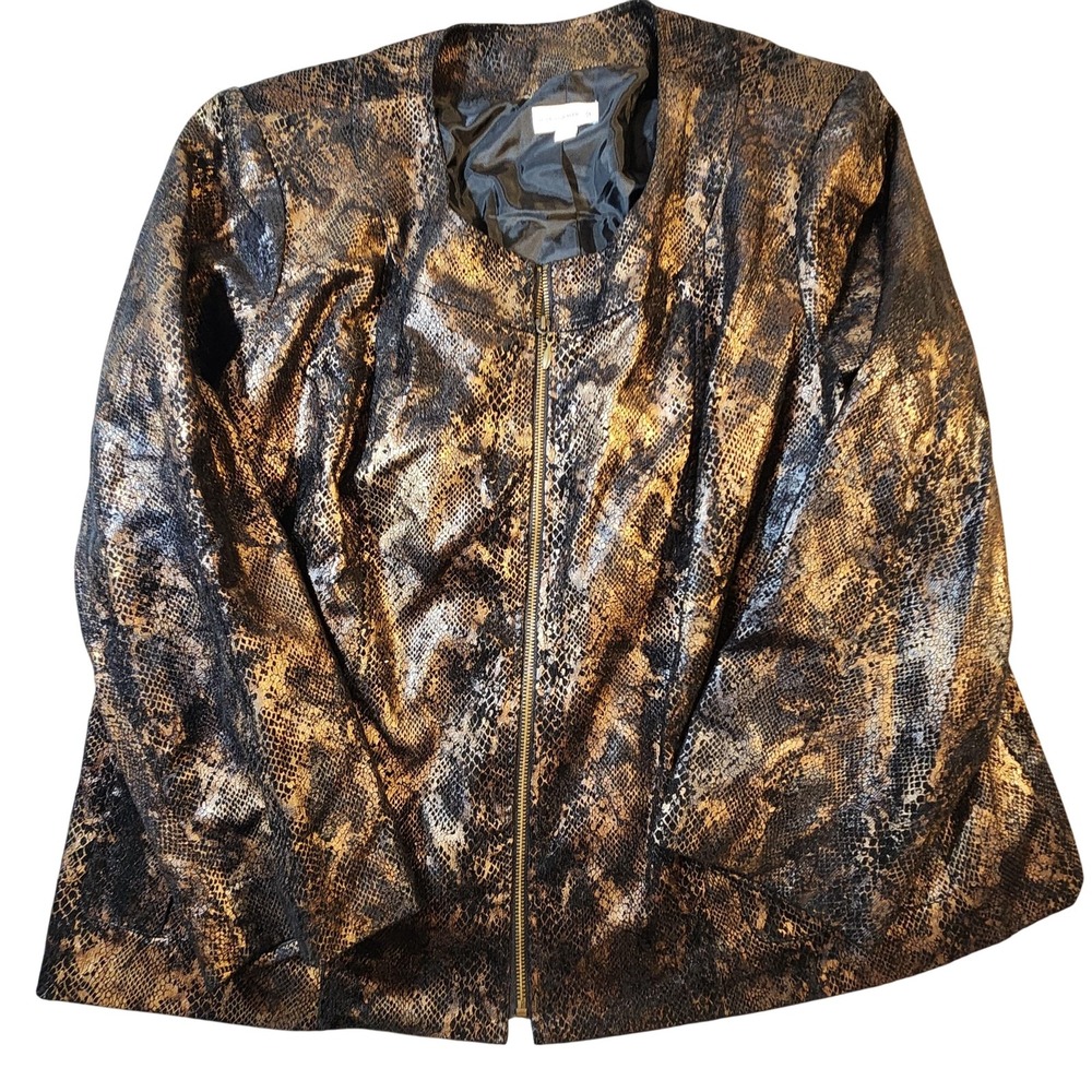 Susan Graver Jacket Womens 2X Brown Black Metallic Animal Print Snakeskin Zip